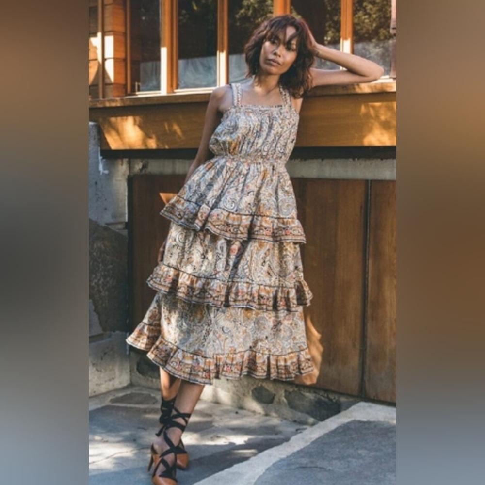 Cleobella Boho Tiered Maxi Dress Paisley Print, Spaghetti Straps, Large - Picture 3 of 9